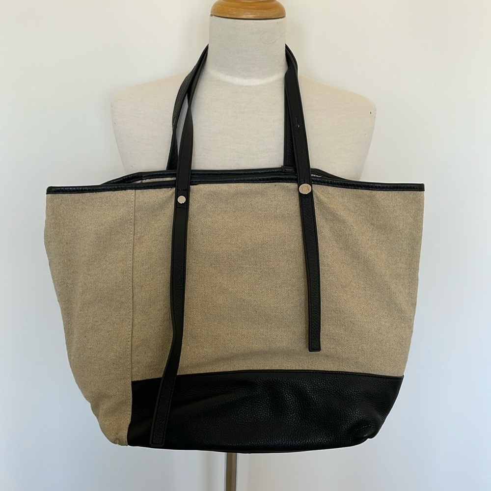 CHRISTOPHER KON - Natural Linen and Black Leather Tote with Adjustable Handles